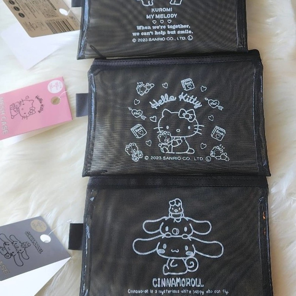 Sanrio 3pc zip top mesh pouch Ft Hello Kitty, Kuromi, Cinnamoroll and My Melody